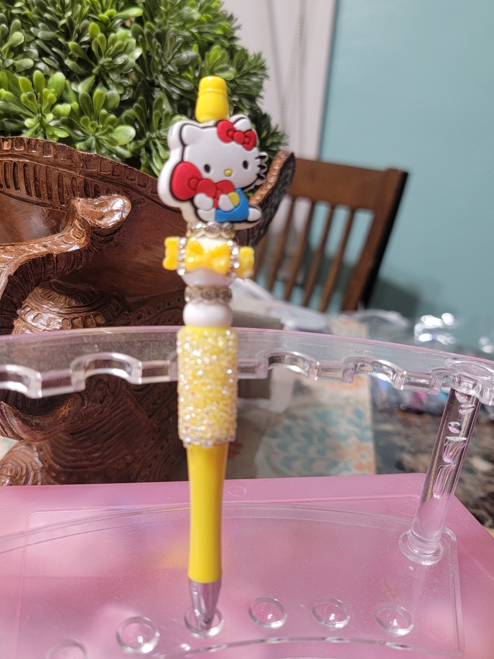 Hello Kitty Yellow Beaded Topper Pen with Red Bow Accent